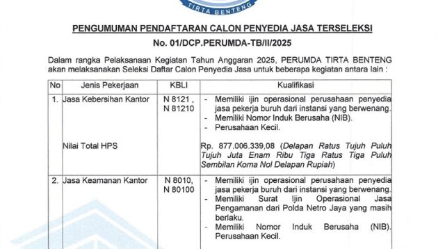 Perumda Tirta Benteng Buka Seleksi Pengadaan Jasa Keamanan & Kebersihan TA 2025