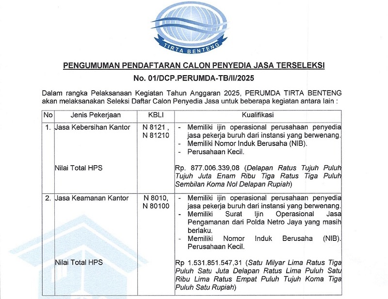 Perumda Tirta Benteng Buka Seleksi Pengadaan Jasa Keamanan & Kebersihan TA 2025