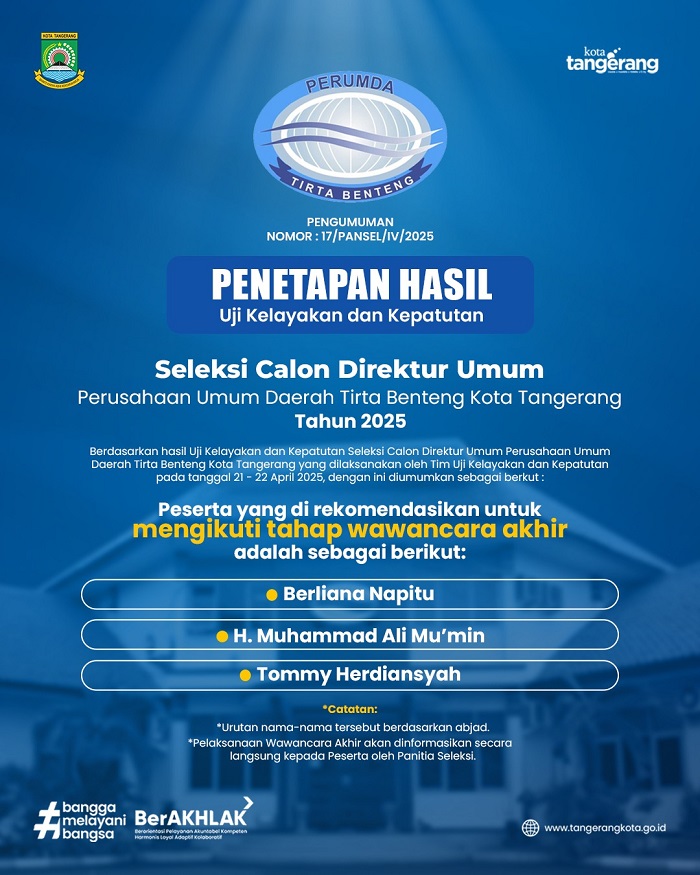 Tiga Calon Dirum Tirta Benteng Siap Wawancara Akhir